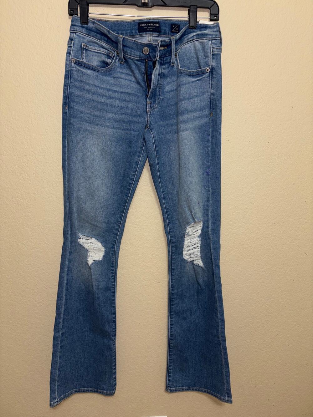 Lucky Brand Sweet Boot jeans in a light wash with distressed knees